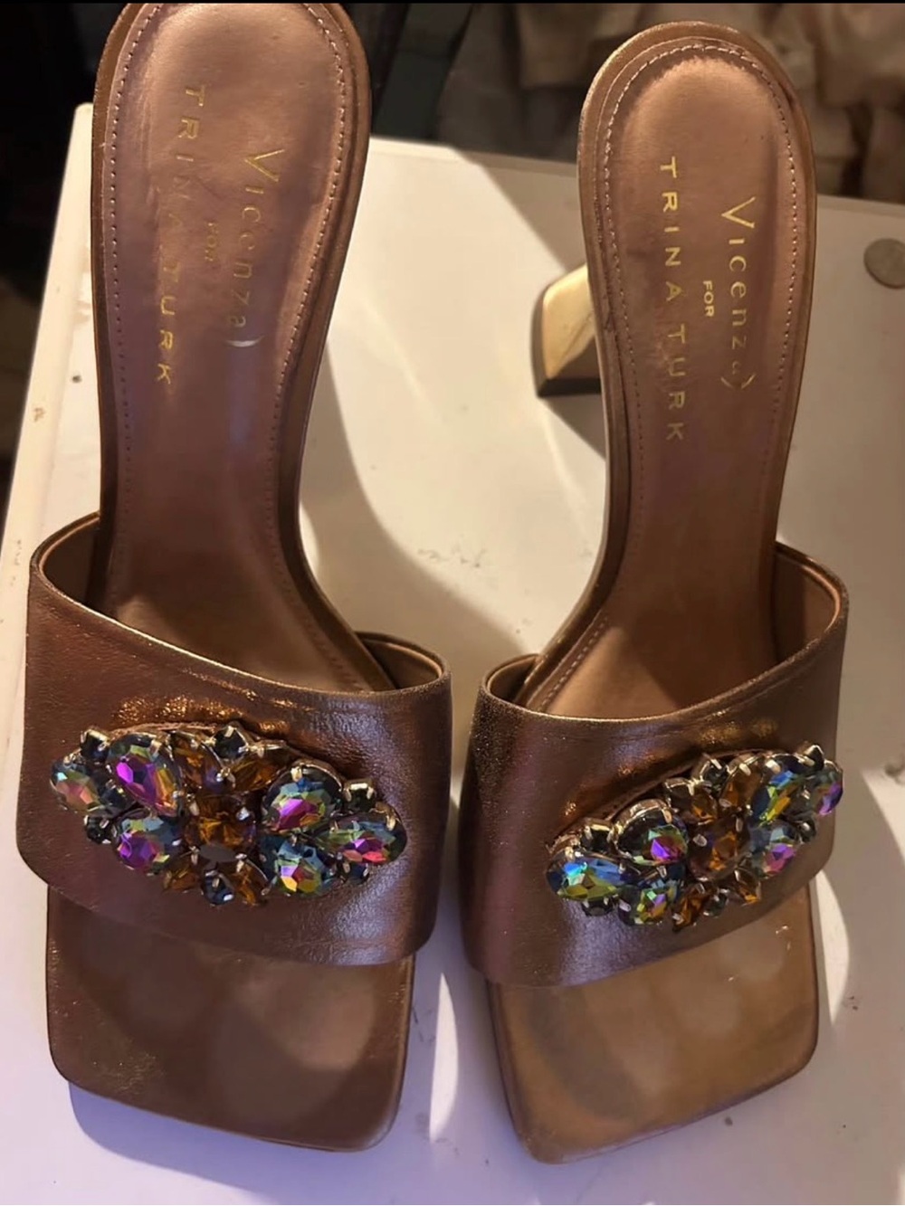 Trina Turk Bronze Jeweled Slide Heels